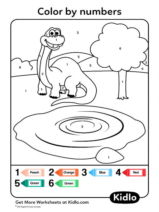 Color By Numbers - Dino Worksheet #26 - Kidlo.com
