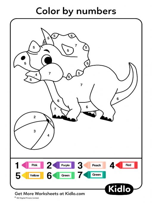 Color By Numbers - Dino Worksheet #42 - Kidlo.com
