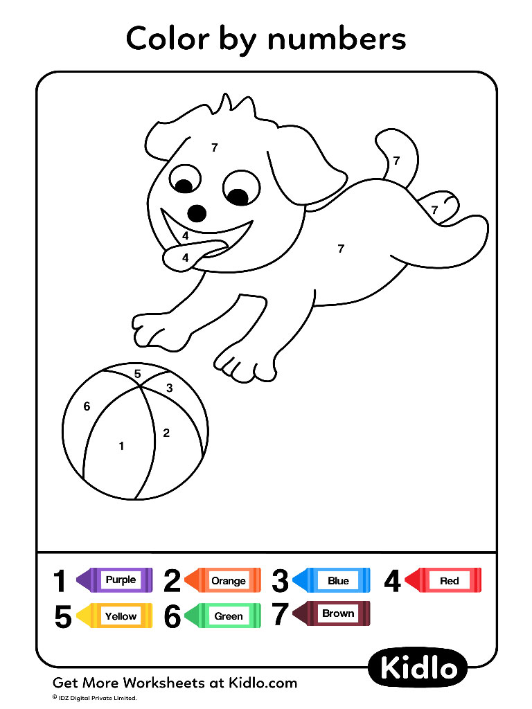 Color By Numbers - Dogs Worksheet #19 - Kidlo.com