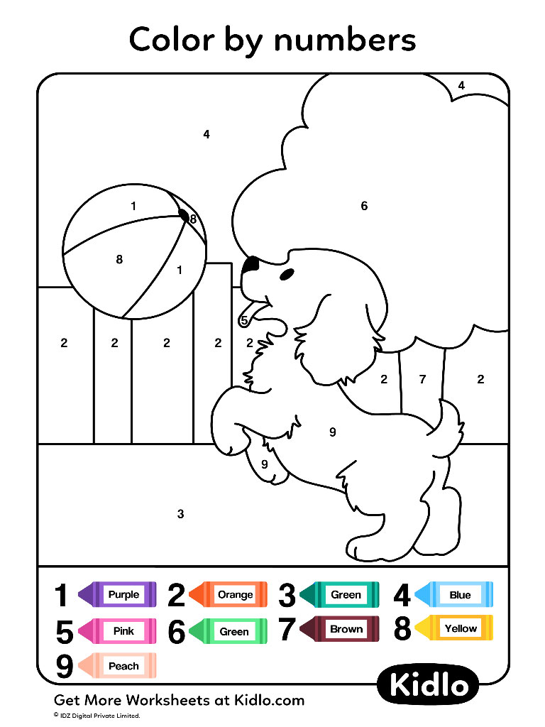 Color By Numbers - Dogs Worksheet #20 - Kidlo.com
